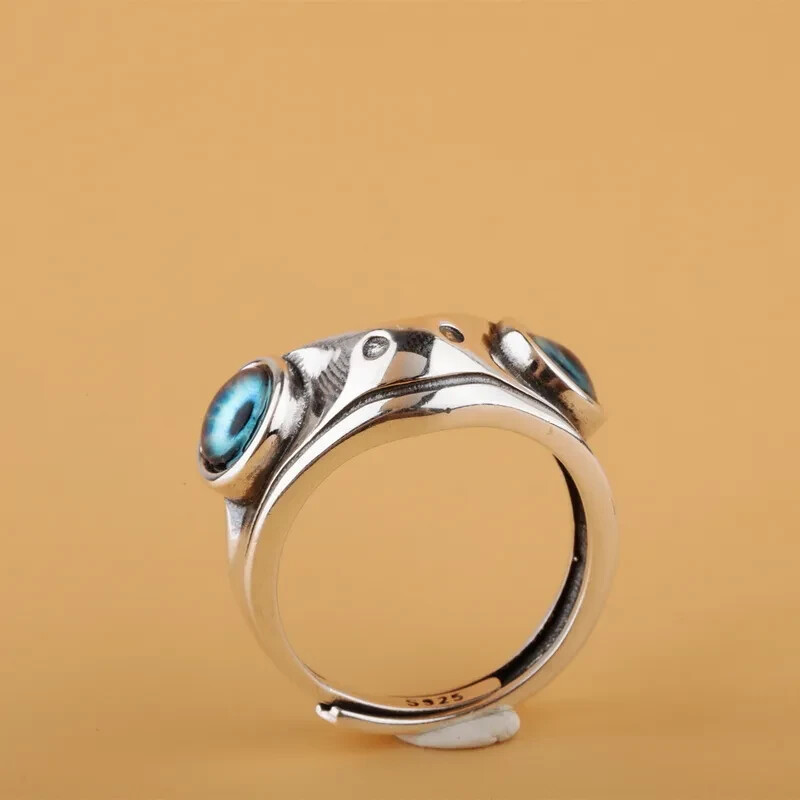 Cute Frog Blue Eye Silver Ring, Adjustable Size, Toad, Fun