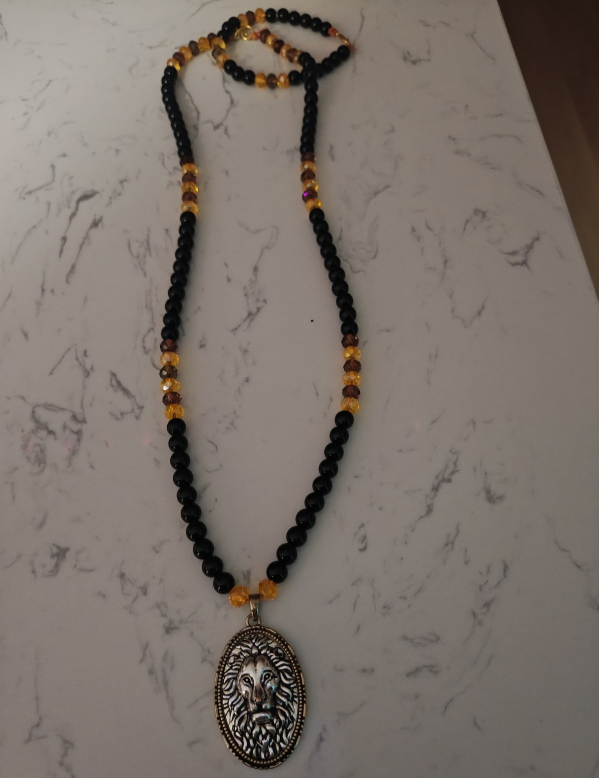 Black/Gold Beaded Ball Chain Necklace with Oval Animal Charm Pendant