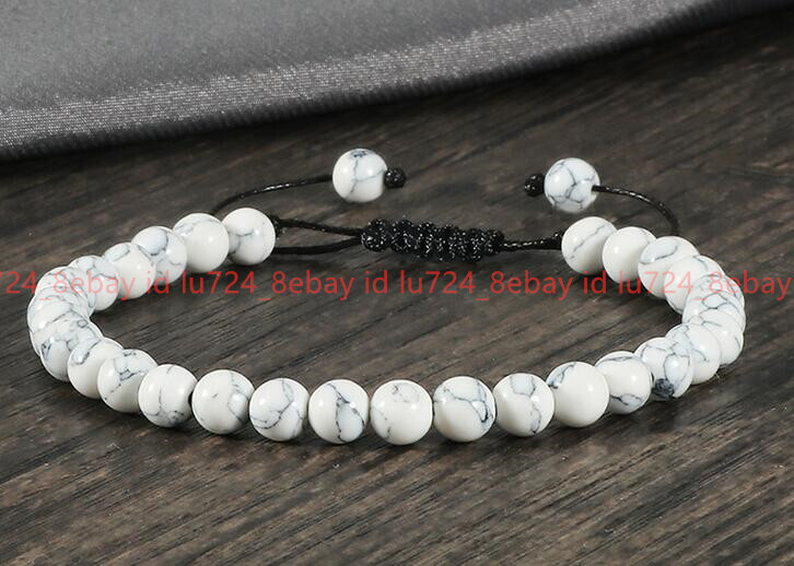 Natural 6/8/10/12mm White Turquoise Round Gemstone Beads Adjustable Bracelet7.5″