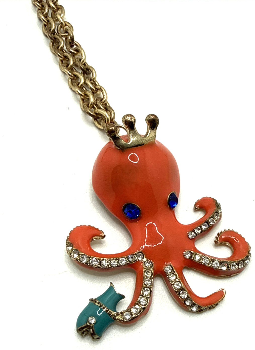 BETSEY JOHNSON Orange Enamel Octopus Pendant Necklace Blue Fish Clear Crystals