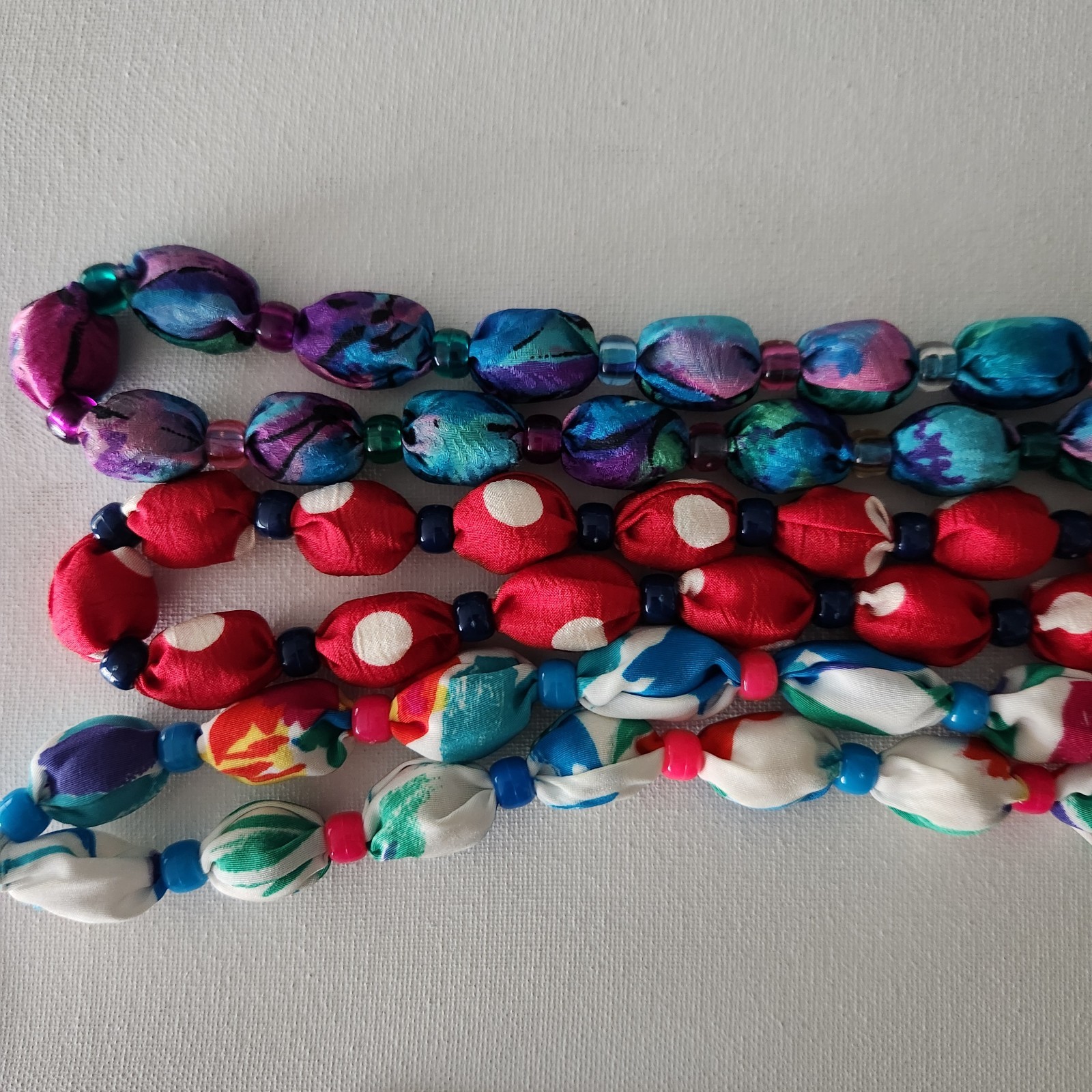 Vintage Lot of 3 Handmade Fabric Cloth Covered Wood Bead Necklaces 30″