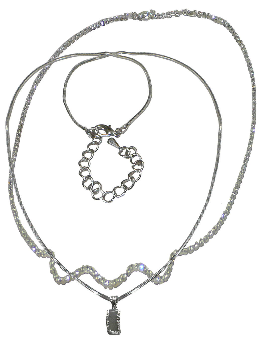 Set of 2 for a Layer Look 1 Wavy Crystal Chain + 2nd Necklace Chain w. Pendant