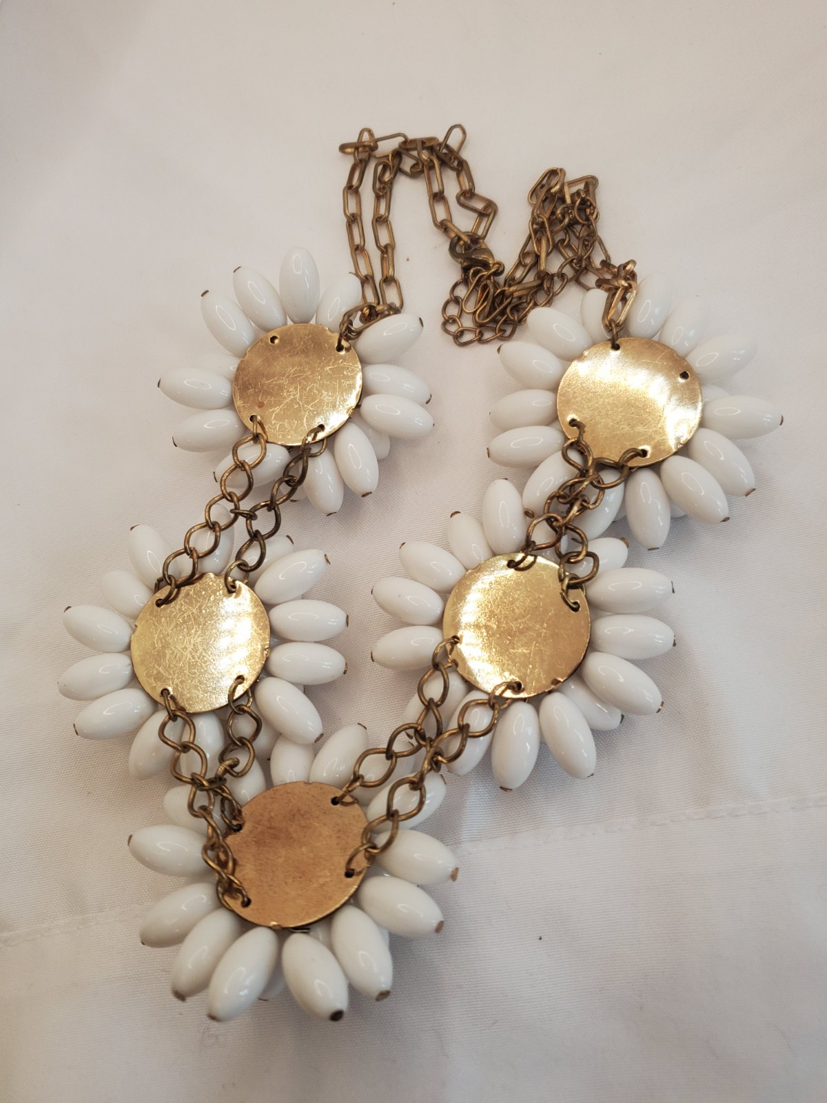 Fabulous Huge White Daisy Beaded Statement Necklace 2010s Throwback
