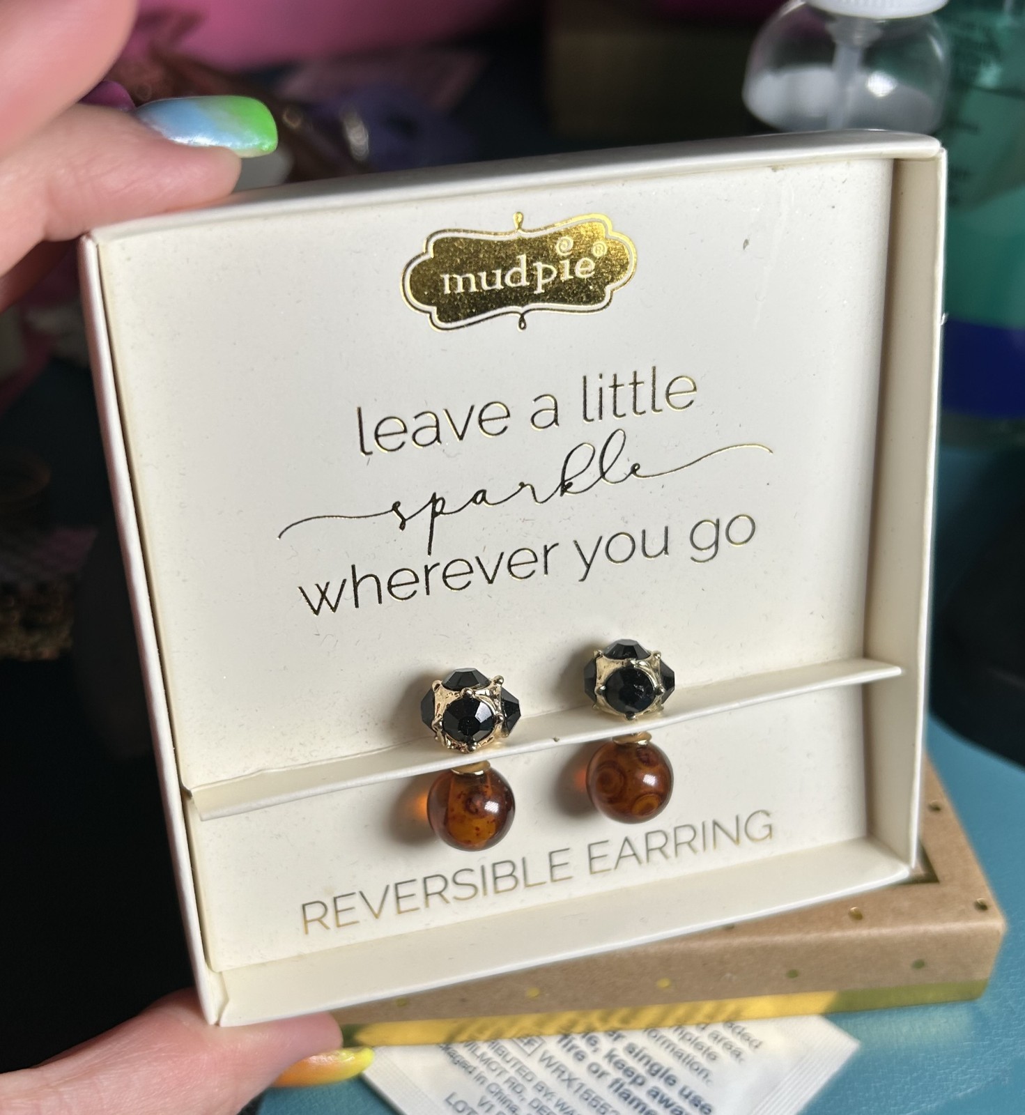Mud Pie Reversible Earrings Black Crystal Tortoiseshell Amber Ball Studs Boxed