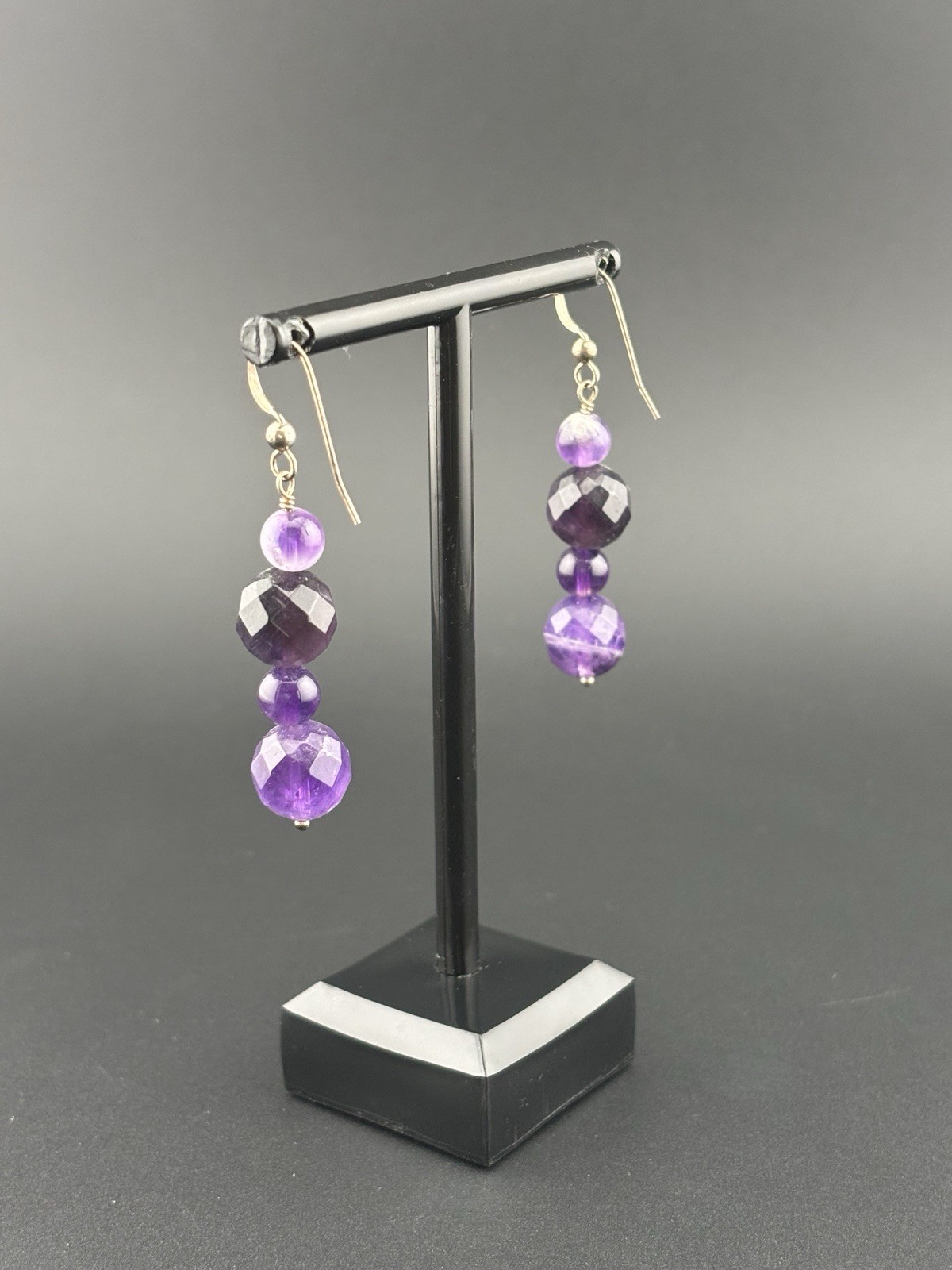 Genuine Amethyst 925 Sterling Silver Faceted Bead Dangle Earrings Purple