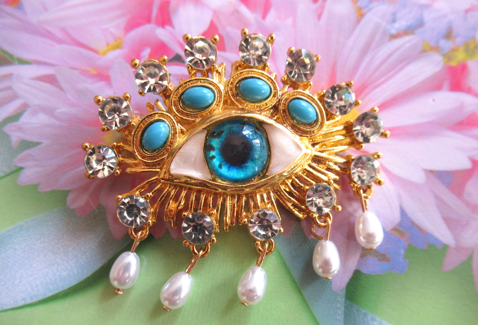 NEW Designer Inspired Evil Eye BLUE EYE RHINESTONE GOLD BROOCH PIN
