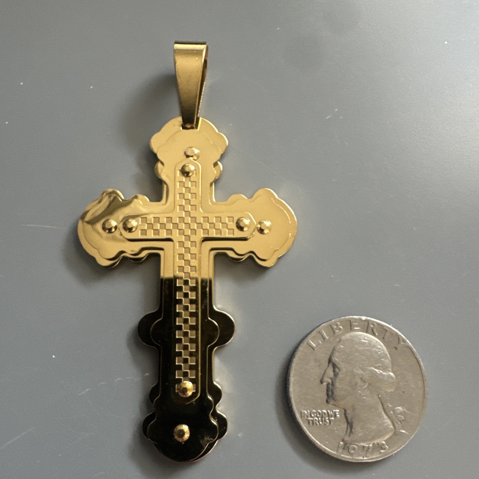 Triple Gold Plated Cross Pendant 24 Inch Chain Stainless Steel Catholic Gift