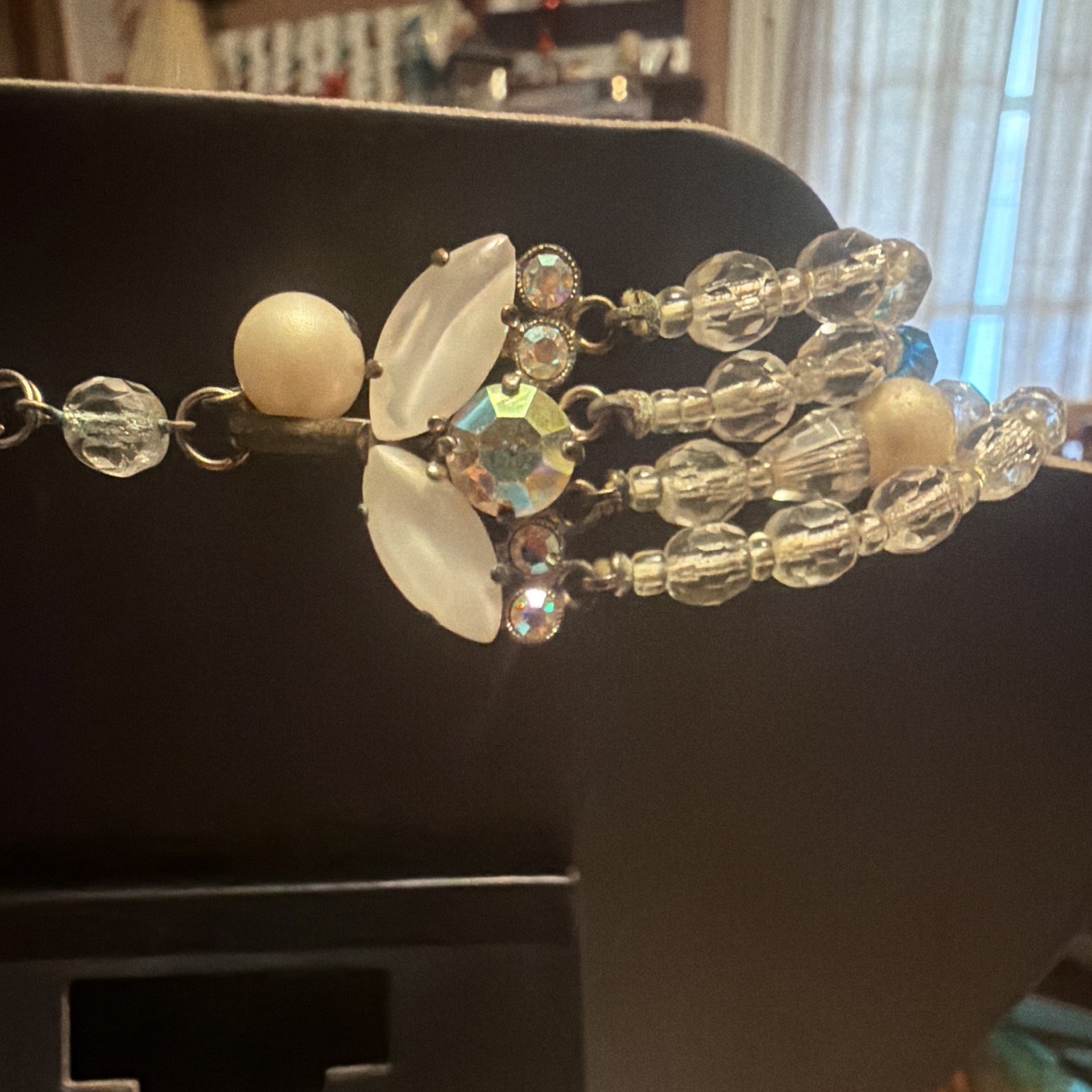 Vintage Multi-Strand Layered Blue Clear Crystal & Cream Imitation Pearl Necklace