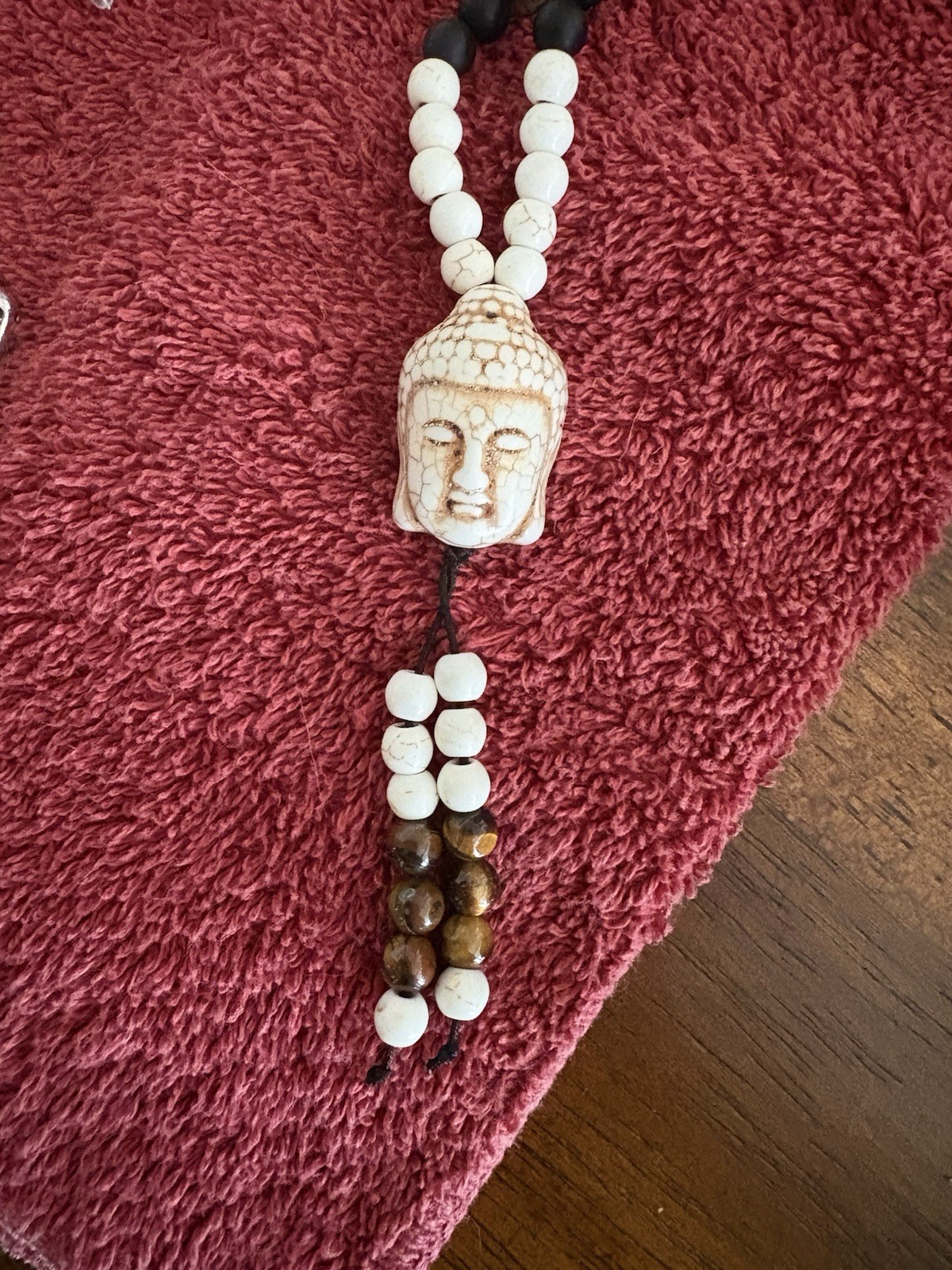White, Brown & Ivory Look Beaded Necklace With Buddha Head &Tassels