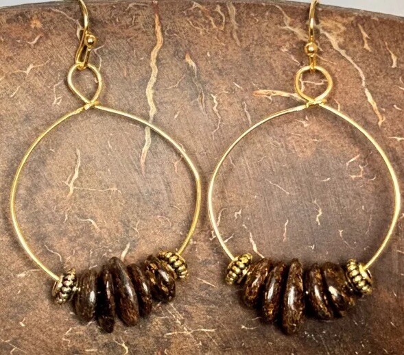 Gold & Dark Brown Stone Chip Dangle Hoop Earrings. Boho Chic.