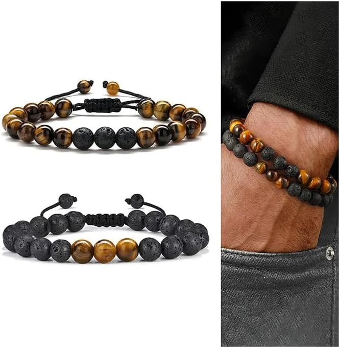 M MOOHAM Mens Bracelet – Beaded Natural Stone 8mm Tiger Eye Matte Agate Lava Roc