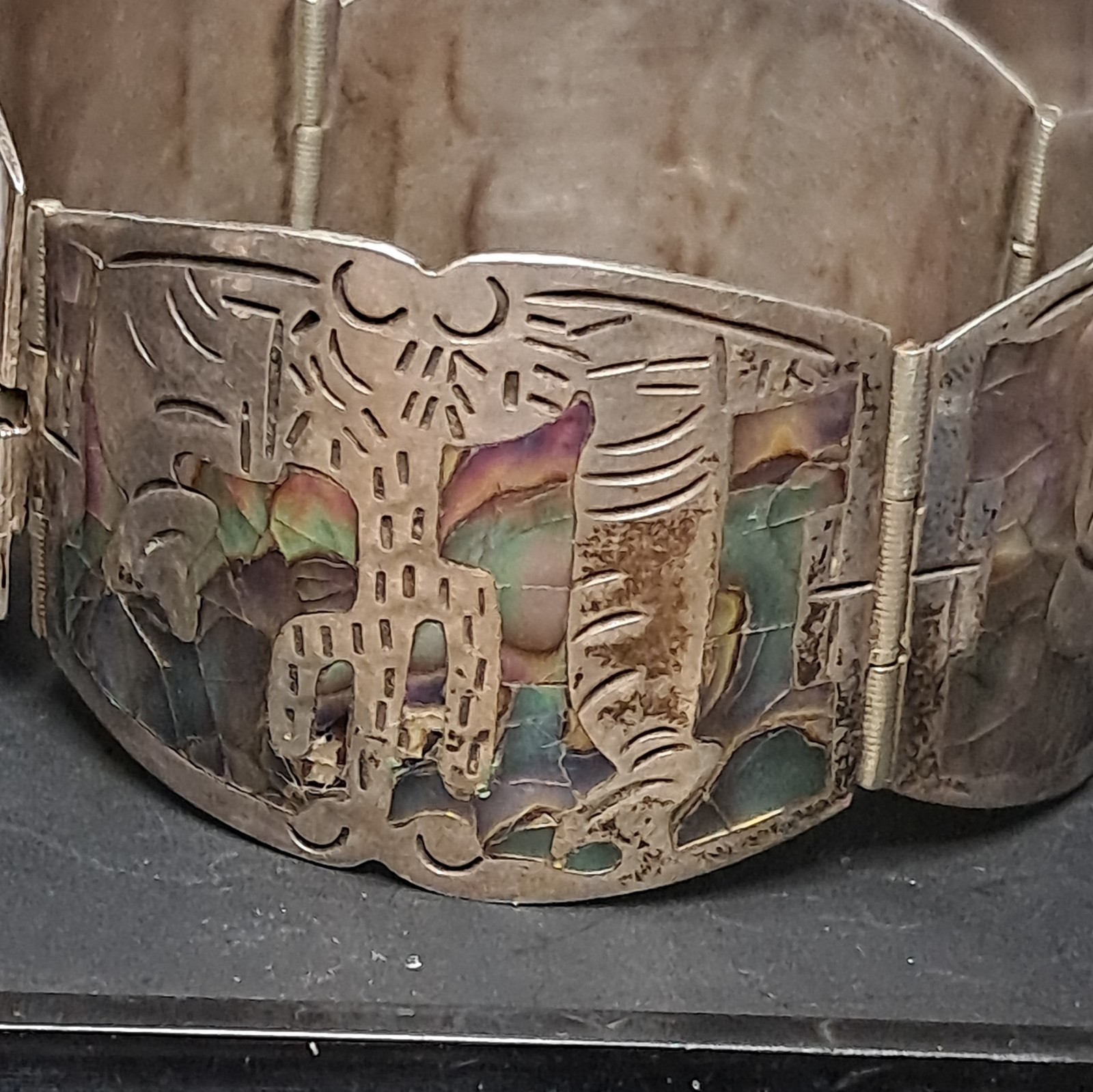 Vtg Mid Century Mexican Sterling Silver Abalone Storyteller Cuff Bracelet 925