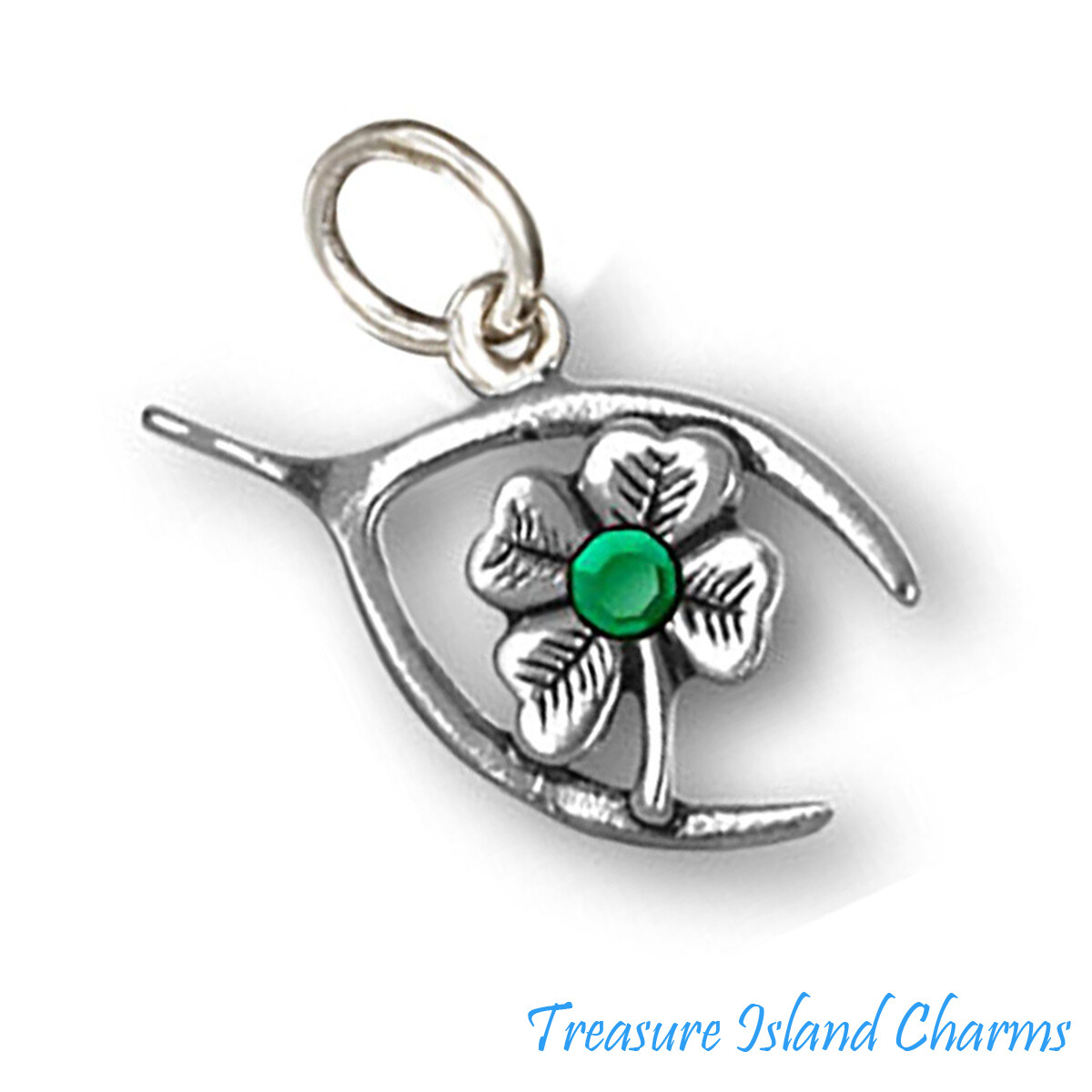 Lucky Shamrock Clover and Wishbone with Green Crystal 925 Sterling Silver Charm