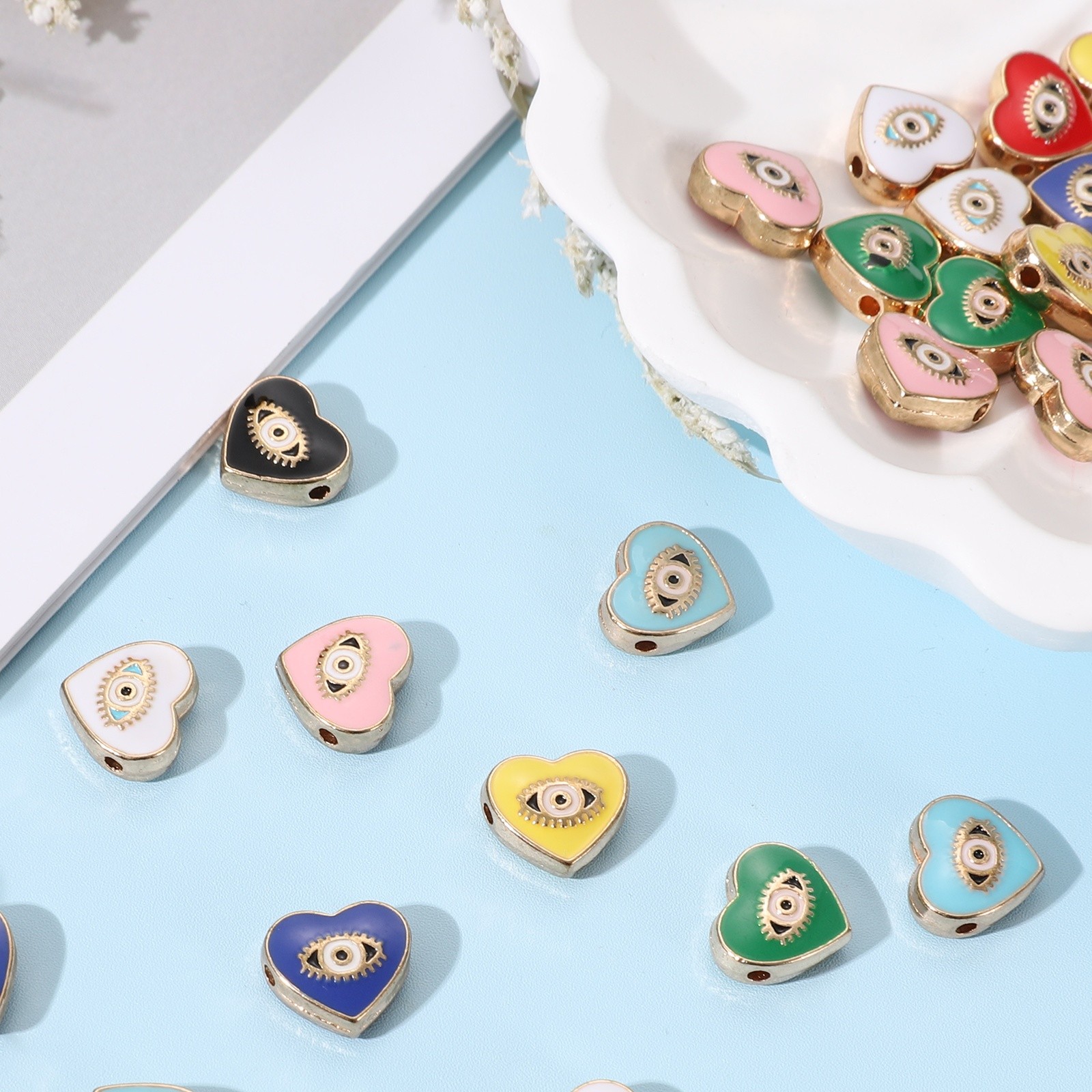 20 Pcs Heart Evil Eye Beads Loose Spacer Beads, White