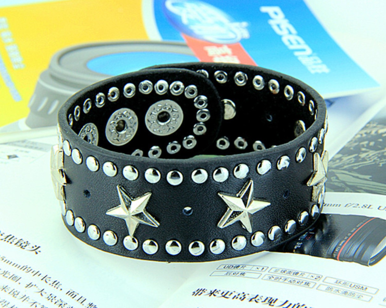 Gothic Punk Rock Wide Alloy Star Studded Bracelet Leather Bangle Cuff Adjustable