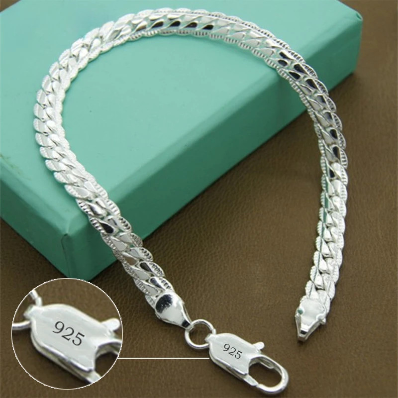 925 Sterling Silver Bracelet 6mm 18/20cm Flat Side Chain Lobster Clasp Bracelet