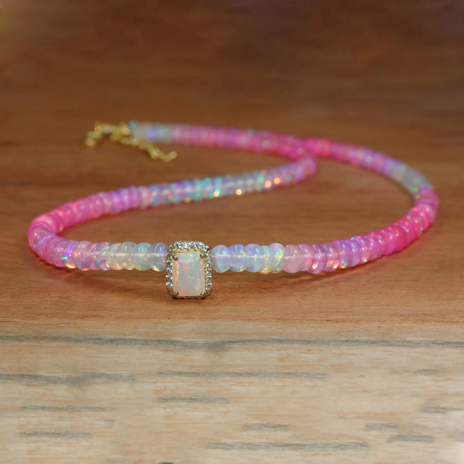 Pink Opal Shaded Smooth Beads Charm Necklace, Ethiopian Octagon Opal Necklace