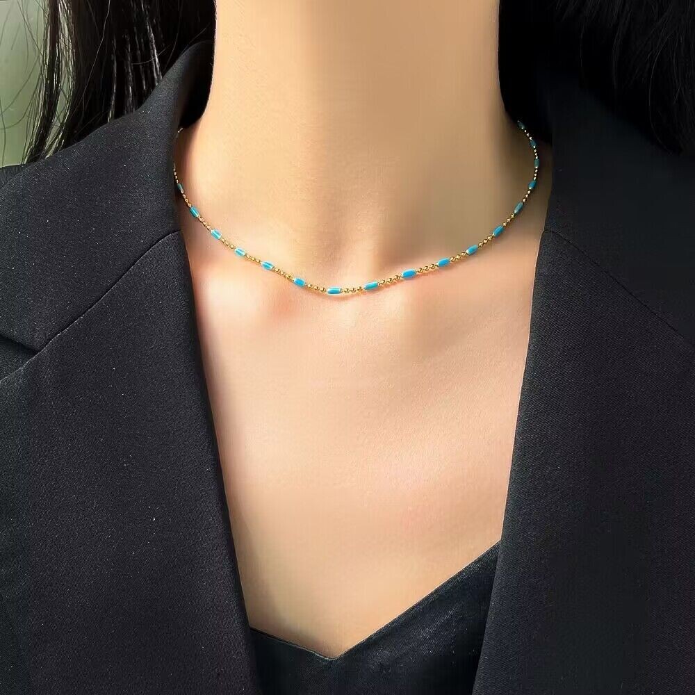 Woman 18K Gold Plated Stainless Steel Enamel Blue Bead Oval Necklace Chain