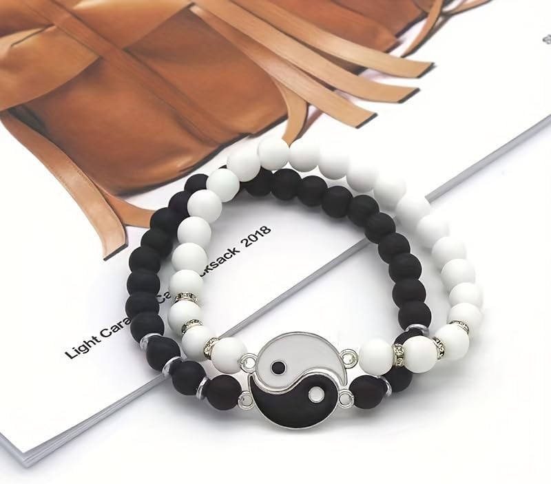 2 Pcs Yin Yang Tai Chi Bracelets, Elegant Vintage Style Beaded Bracelets
