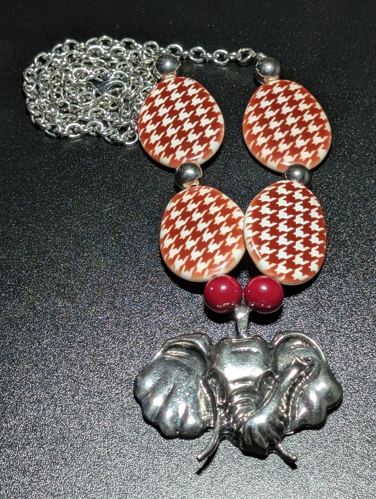Statement Elephant Pendant Necklace Crimson Red Houndstooth Beads Silver Tone