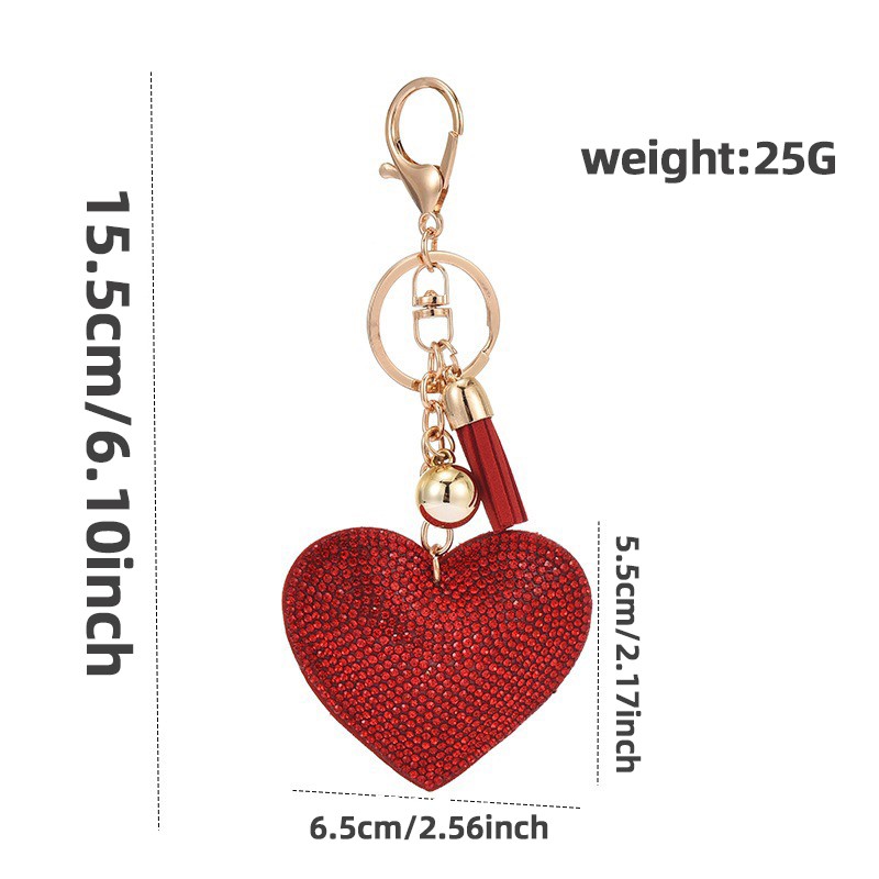 2pcs Love Heart Red Crystal Key Chain Keyring Handbag Charm Tassel Gold Bag Ring