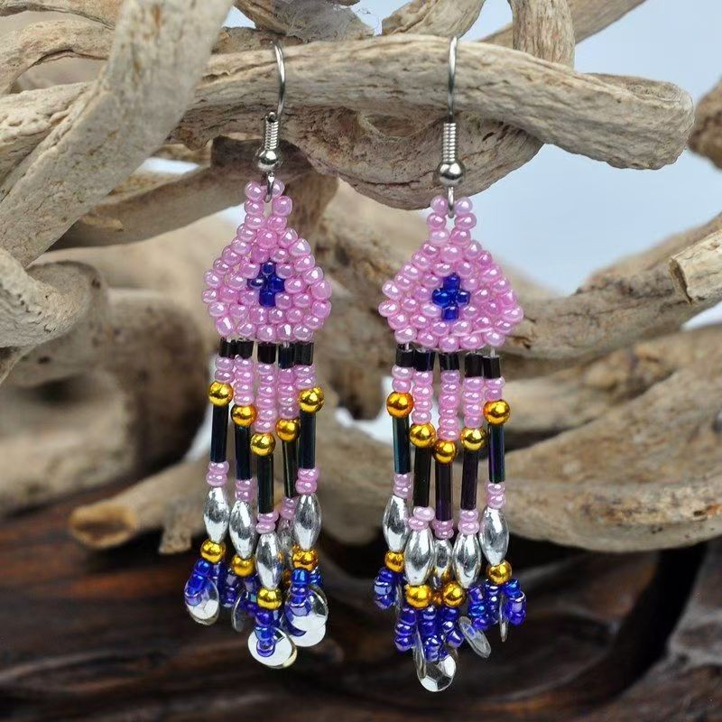 Handmade woven rice beads with tassel and tube earrings