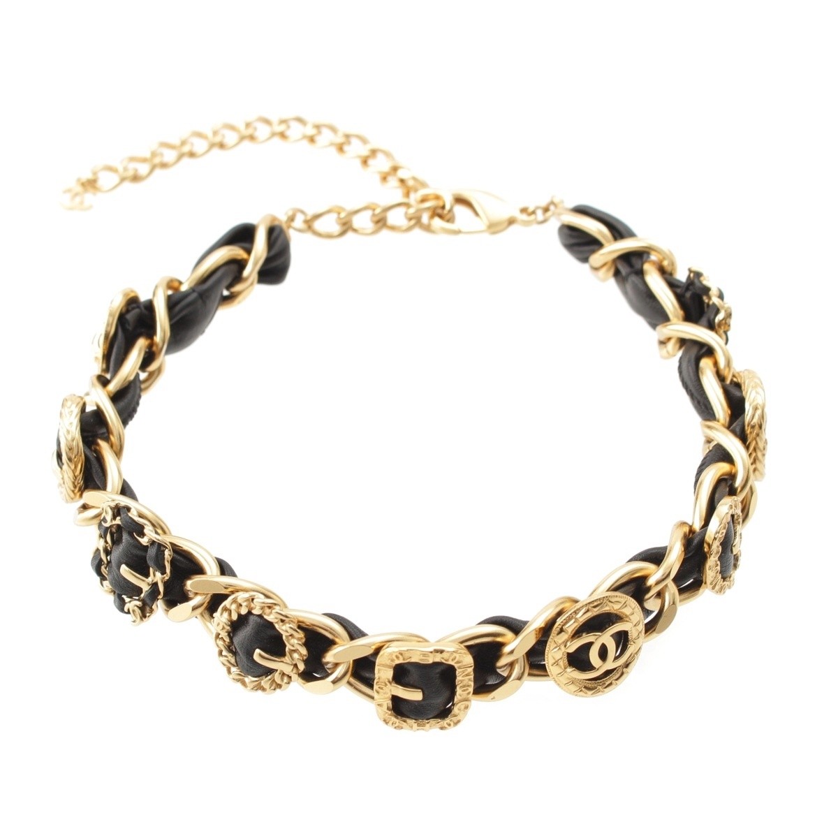 CHANEL A24A leather COCO Mark Leather Chain choker Necklace Black gold