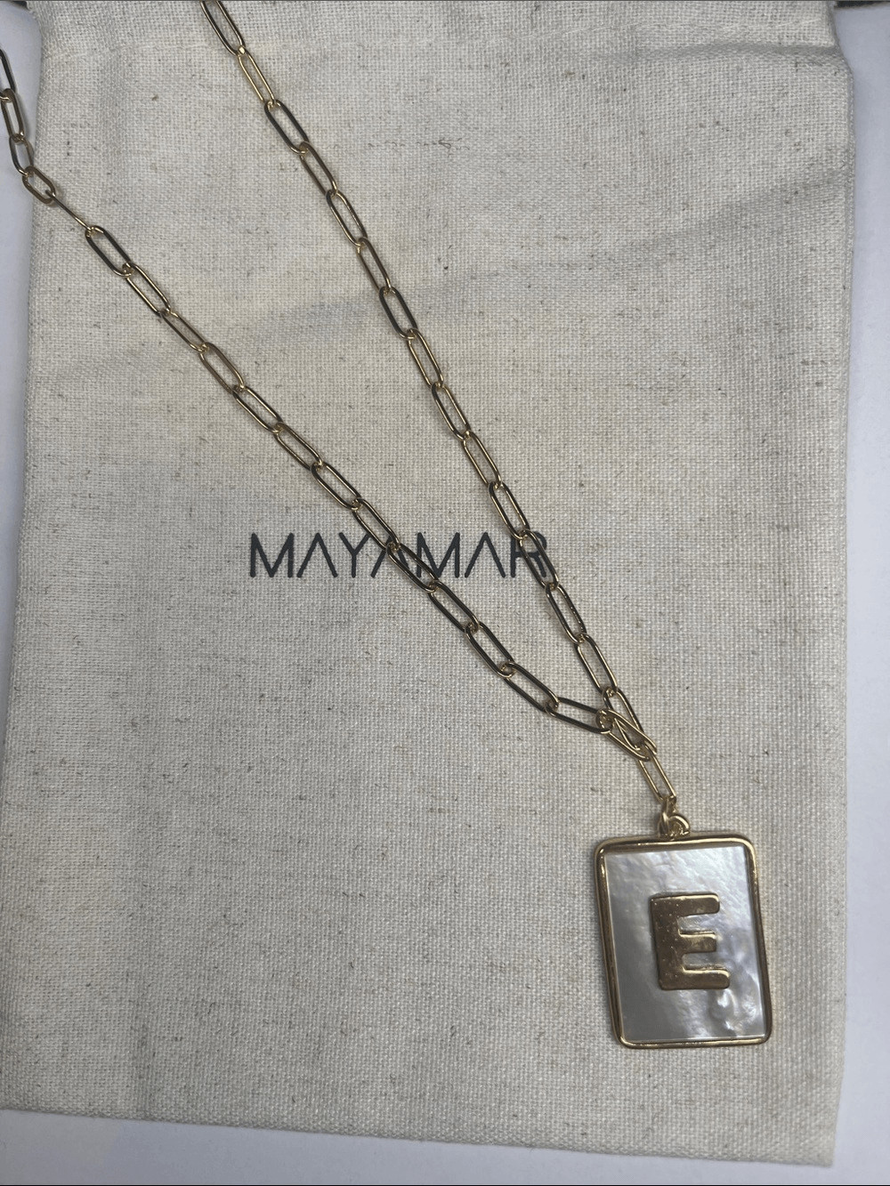 Gold E Rectangle Pendant Paperclip Necklace with Mother-of-Pearl by Mayamar