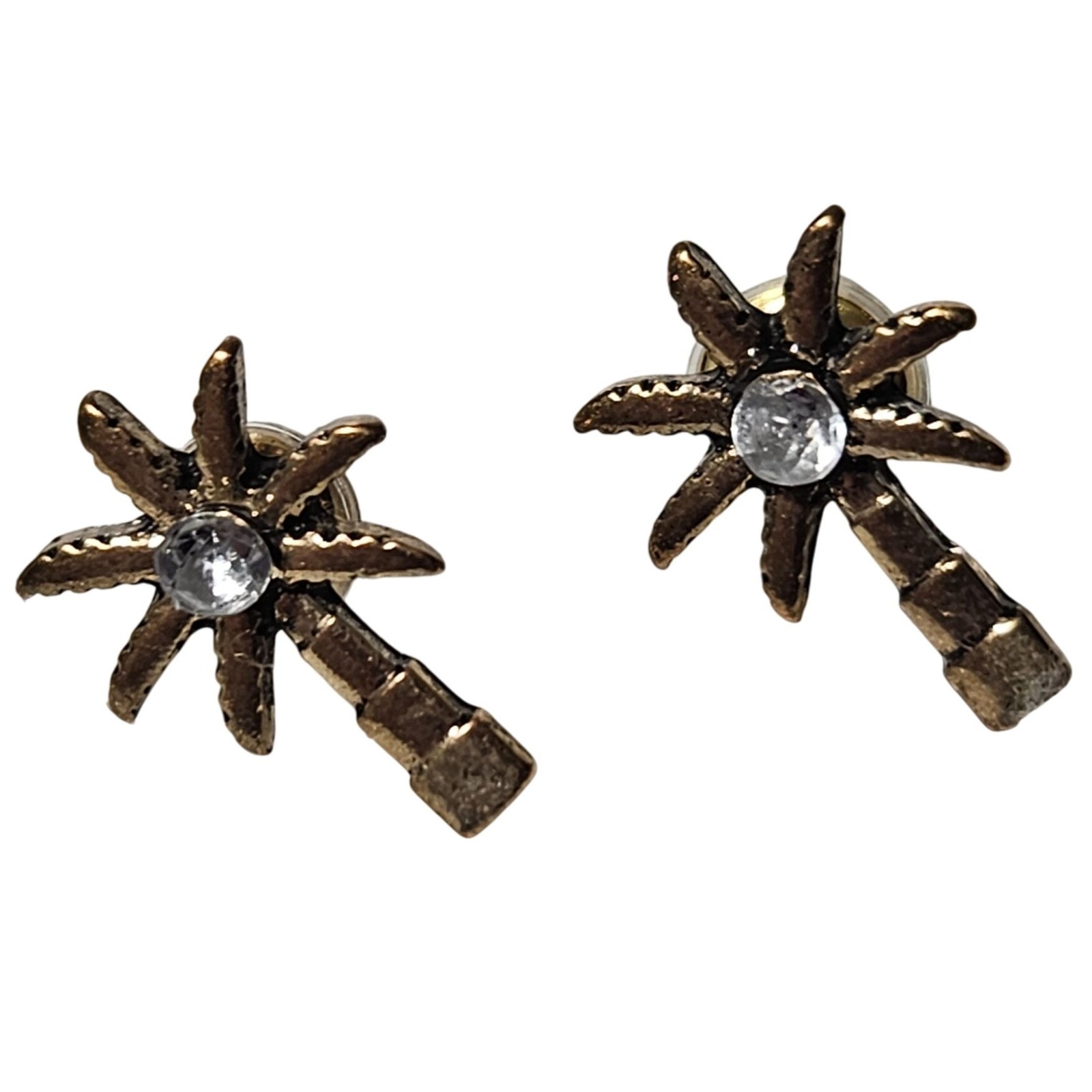 Palm Tree Stud Earrings Clear Crystal Center Gold Tone Fun Fashion Jewelry Women
