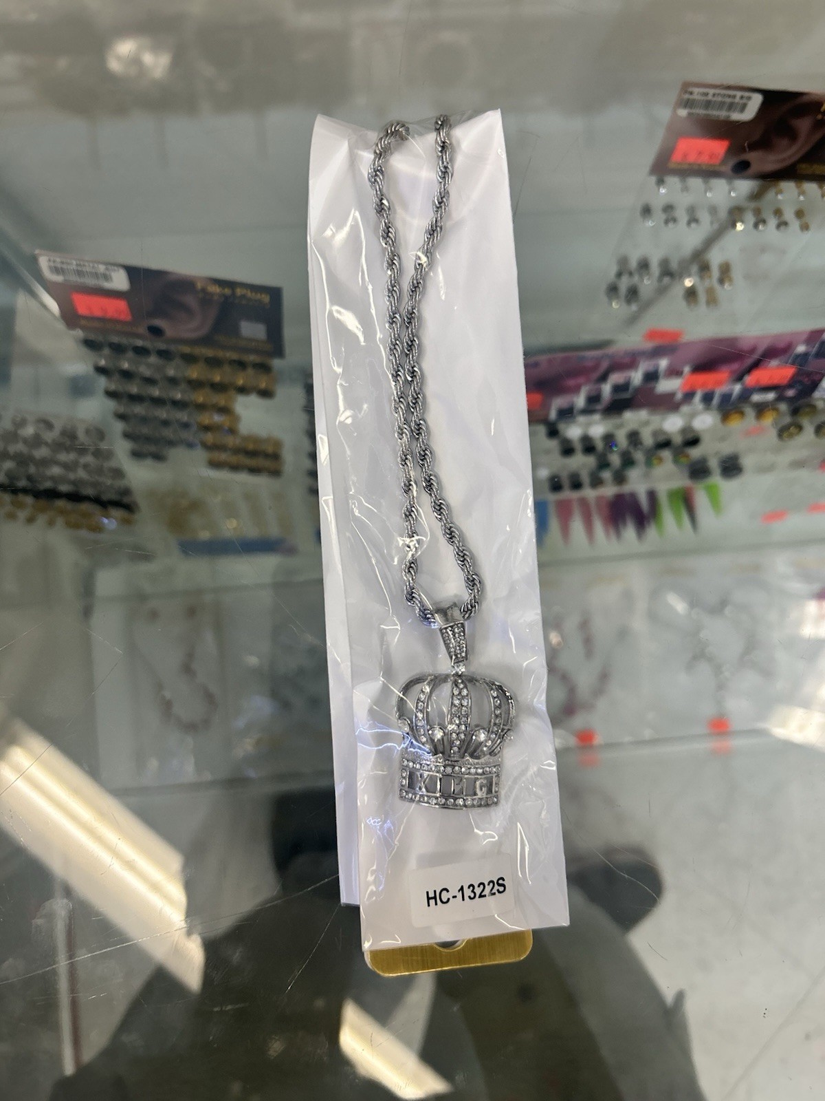 Men’s Silver Tone Rope Chain Rhinestone King Crown Royal Pendant Charm New