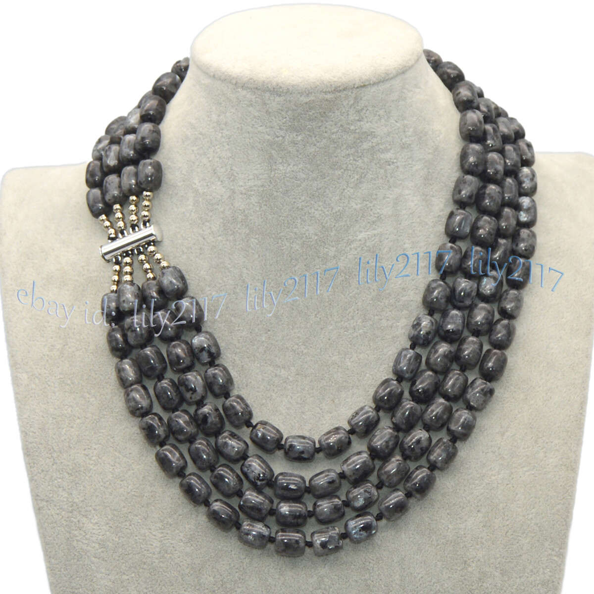 4 Rows 9x11mm Natural Black Gray Labradorite Gems Barrel Beads Necklace 17-20”