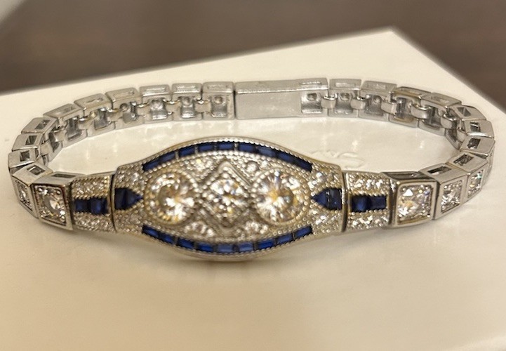 Silver Sapphire Blue CZ & Diamond CZ Art Deco Art Nouveau Inspired Bracelet NWT