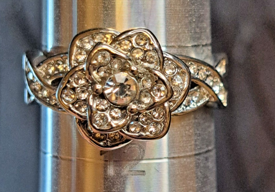 Silver Tone Crystal Flower Ring Size 10 Pave Petal Cluster Statement Jewelry