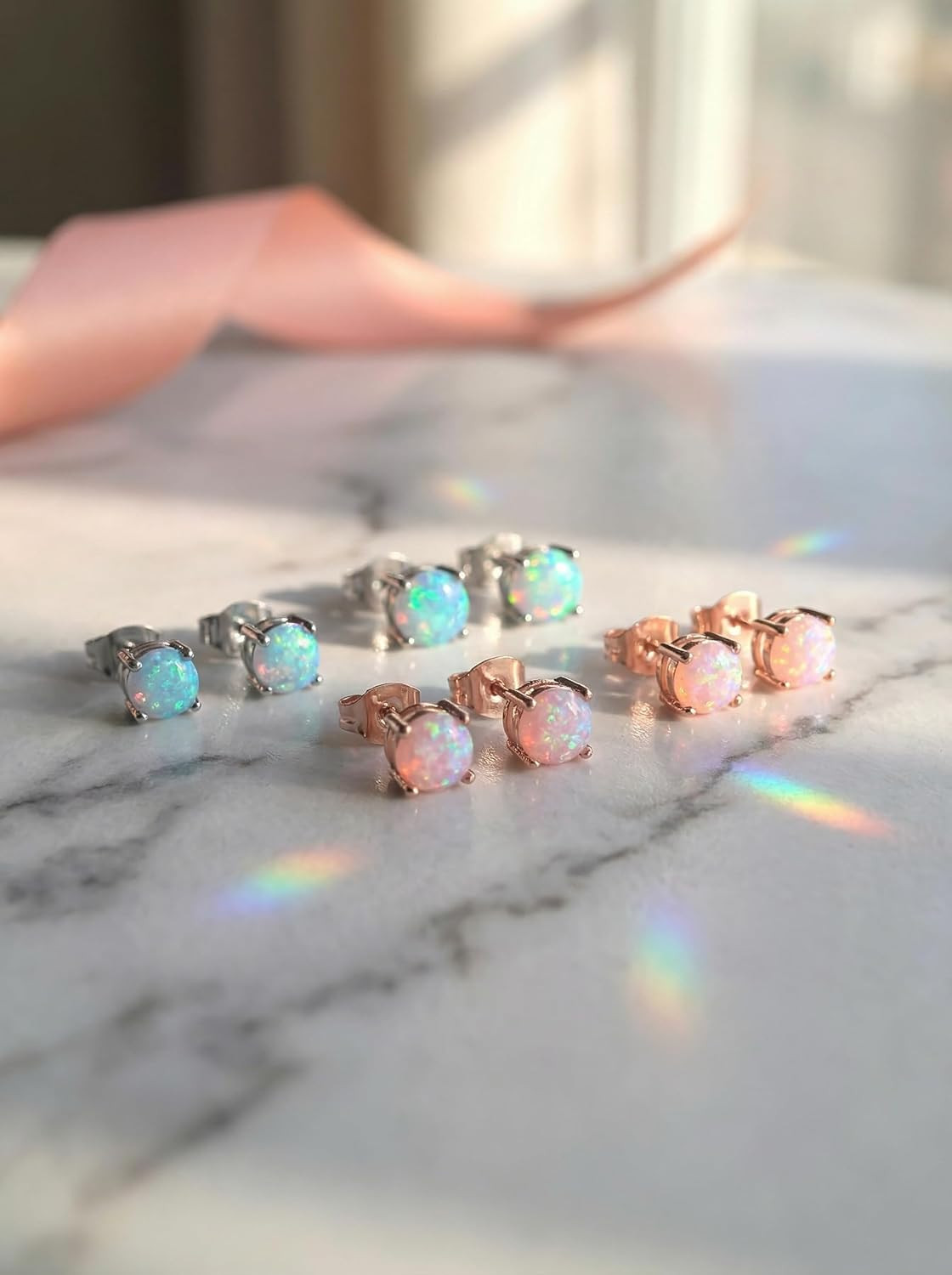 6 Pairs Stud Earrings Set, 3-5Mm Opal Stud Earrings for Women 316L Stainless Ste