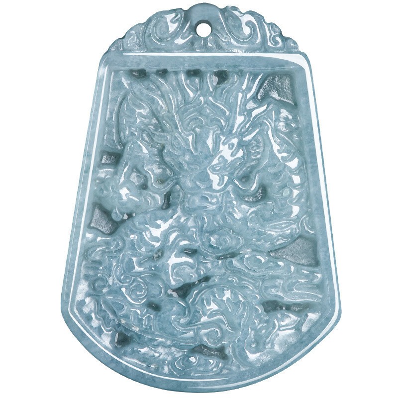 Natural Blue Water Jade Jadeite Hand-Carved Zodiac Dragon Lucky Pendant Necklace