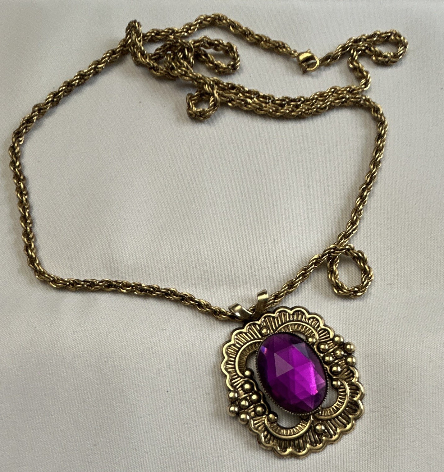Gold Tone Rope Chain Necklace Oval Bezel-Set Purple Simulated Crystal Charm