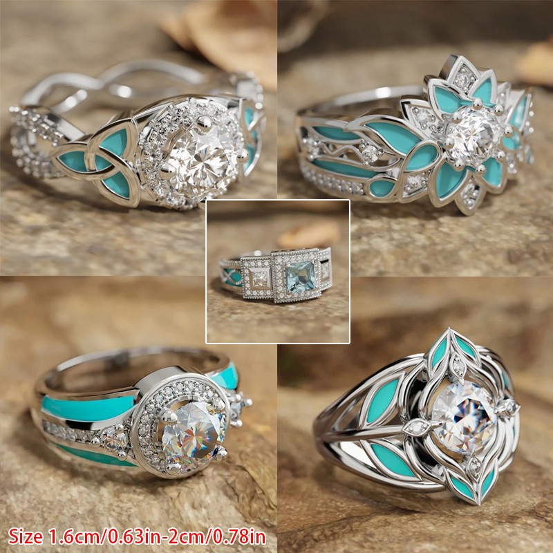 5Pcs Boho Turquoise Zircon Rings Set for Women Fashion Daily Jewelry Gift