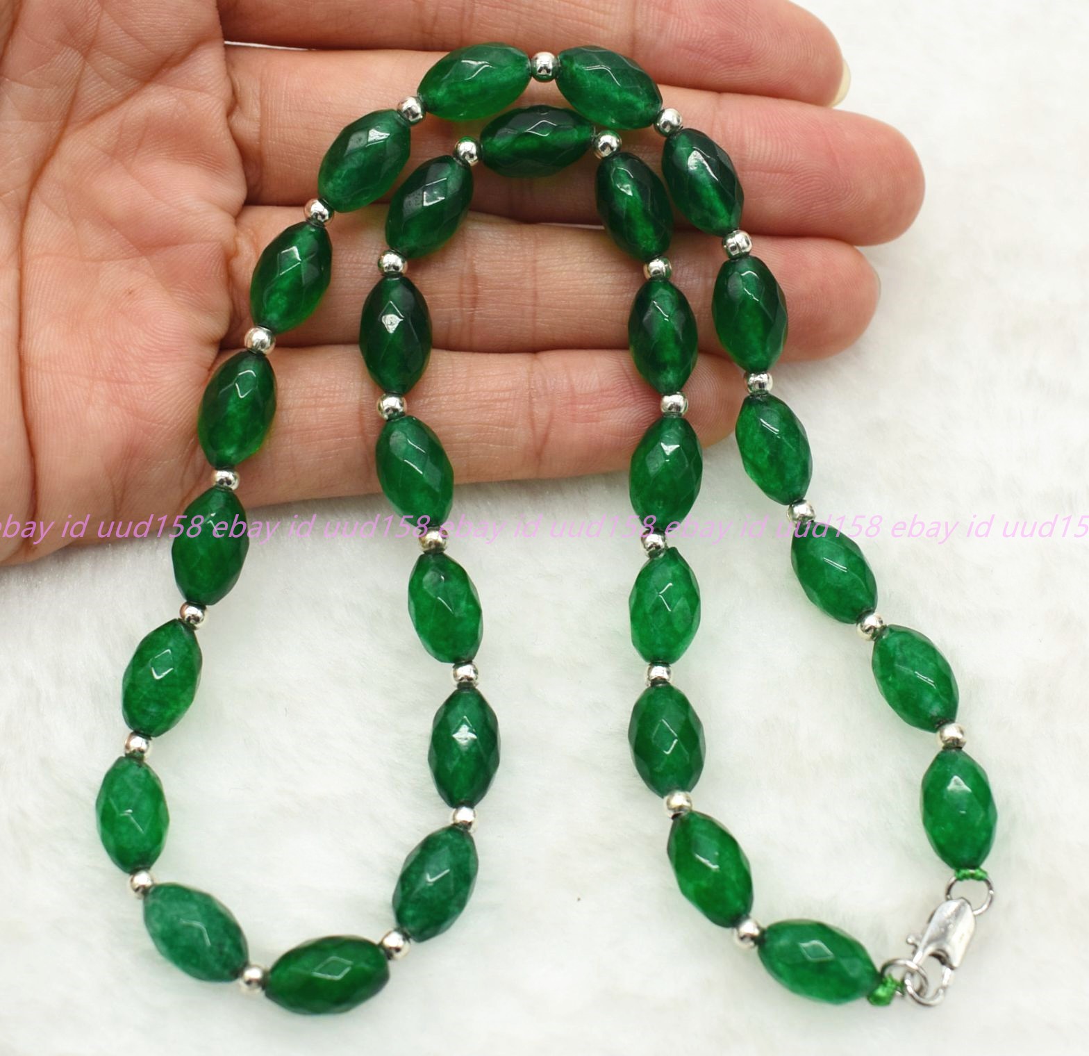 Handmade Natural 8x10mm Faceted Green Jade Gemstone Rice Beads Necklace 16-36in