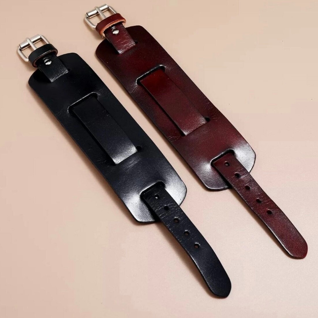 Wide Smooth Wrap Layer Leather Punk Bangle Watch Bracelet in Black or Brown