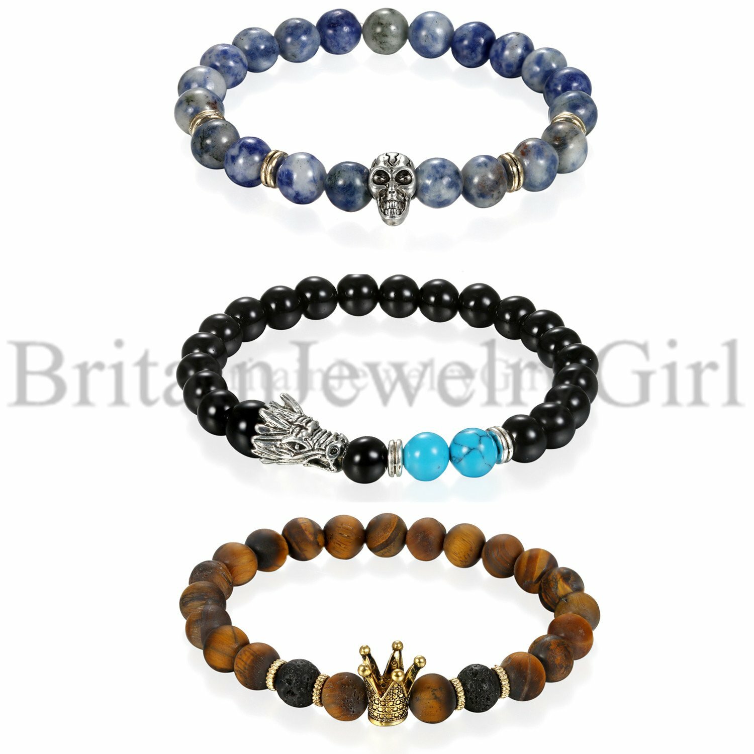 1-3pcs Skull Dragon Crown Tiger Eye Stone Beaded Elastic Bracelet for Men Women