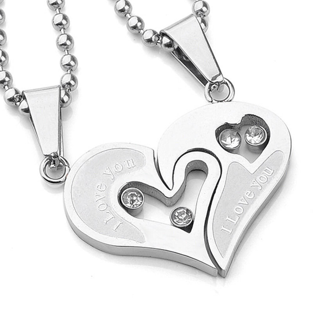 Stainless Steel Mens Womens Couple Necklace Pendant Love Heart Puzzle Matching