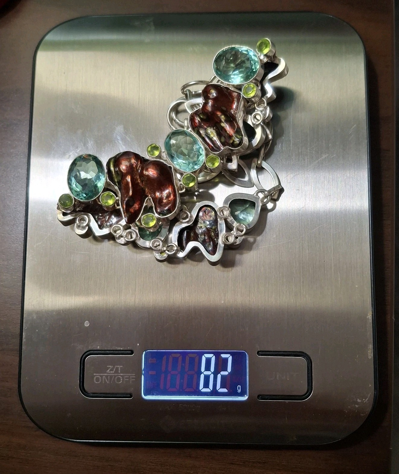 Y2K Necklace SIGNED 925 HUGE! Boho Blue Topaz Dyed Blister Pearls Peridot Estate