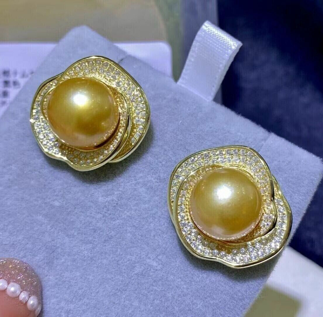 Gorgeous AAA 12-13 Mm Natural South Sea Golden Stud Pearl Earring 925s