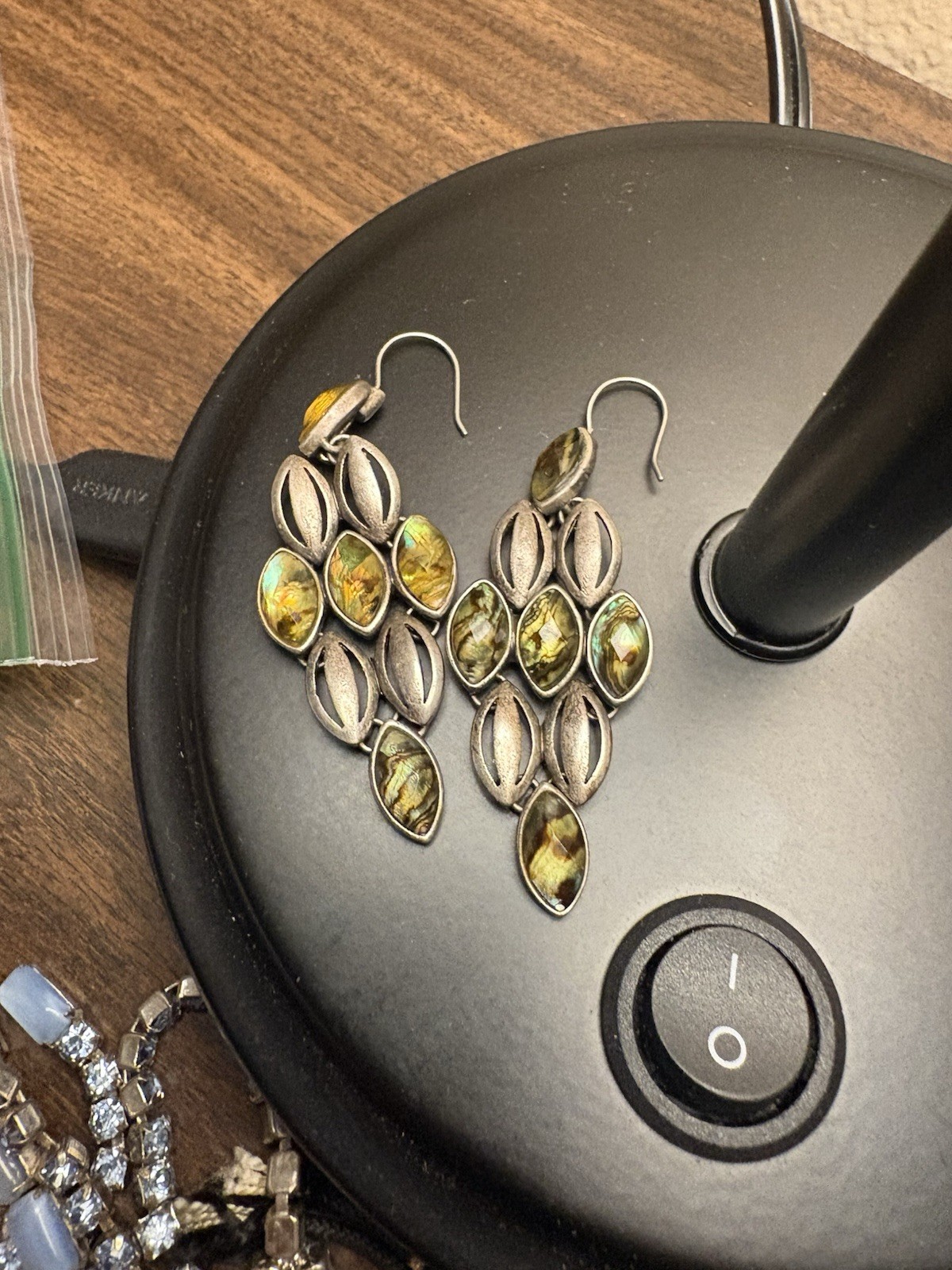 Silver-Tone Asymmetrical Dangle/Drop Hook Earrings w/ Green Marquise Stones