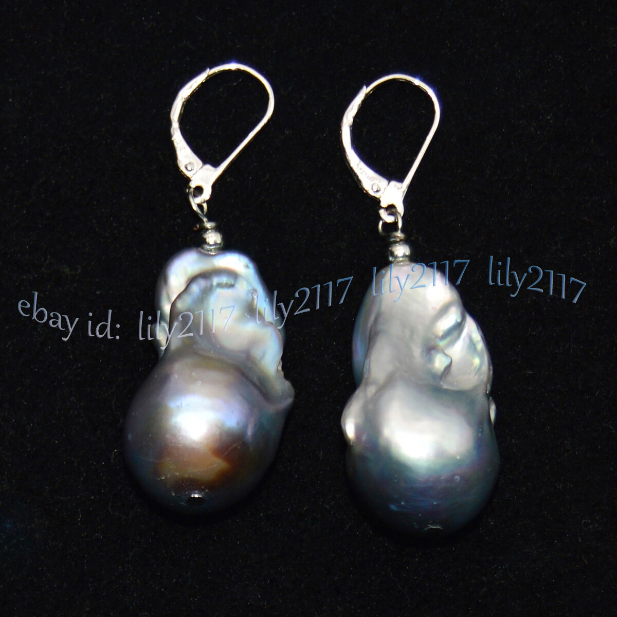 16-29MM NATURAL SILVER GRAY BAROQUE KESHI PEARL DANGLE 14K WHITE GOLD EARRINGS