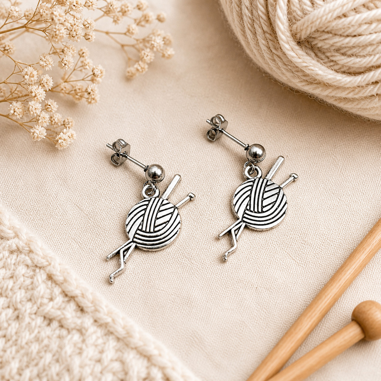 Knitting Earrings – Tibetan Silver Charms on Steel or Silver Studs