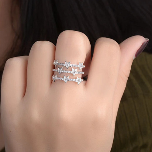 S925 Sterling Silver Or Rose Gold Multilayer Adjustable Ring Triple CZ Star Band