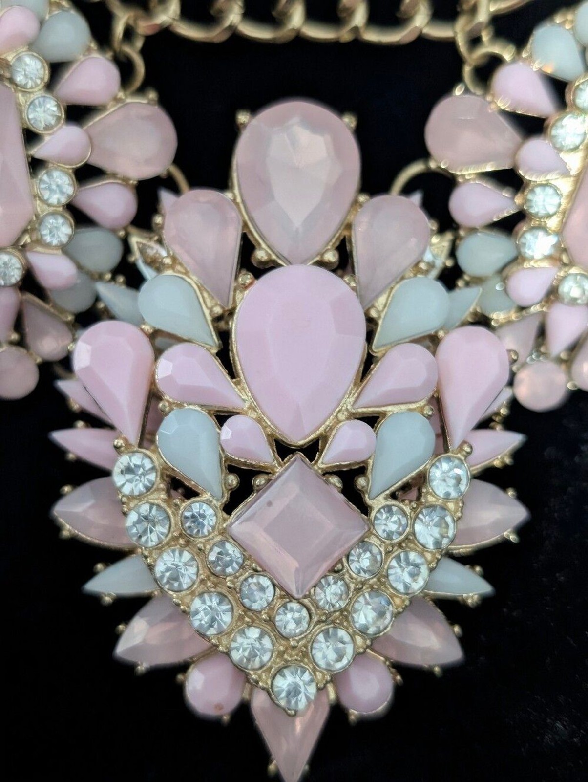Pastel Rhinestone Statement Bib Necklace Romantic Coquette Glam Gold Feminine