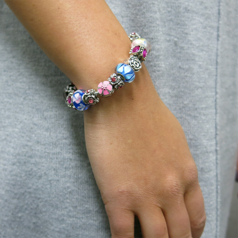 18K White Gold Plated Flower Crystal CZ Charm Bracelet Made with Swarovski