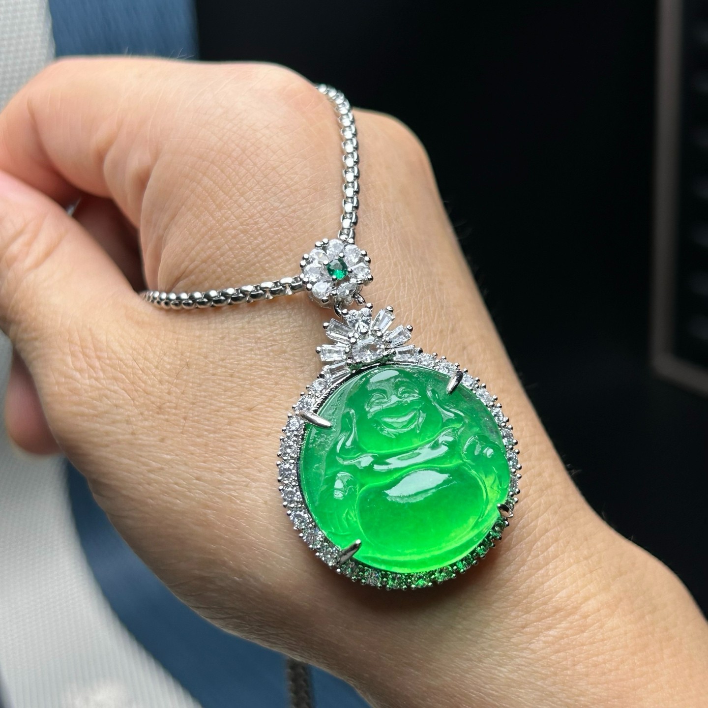 Inlay Nature ice green Burmese Jade Jadeite Carved Buddha luck Pendant&Necklaces